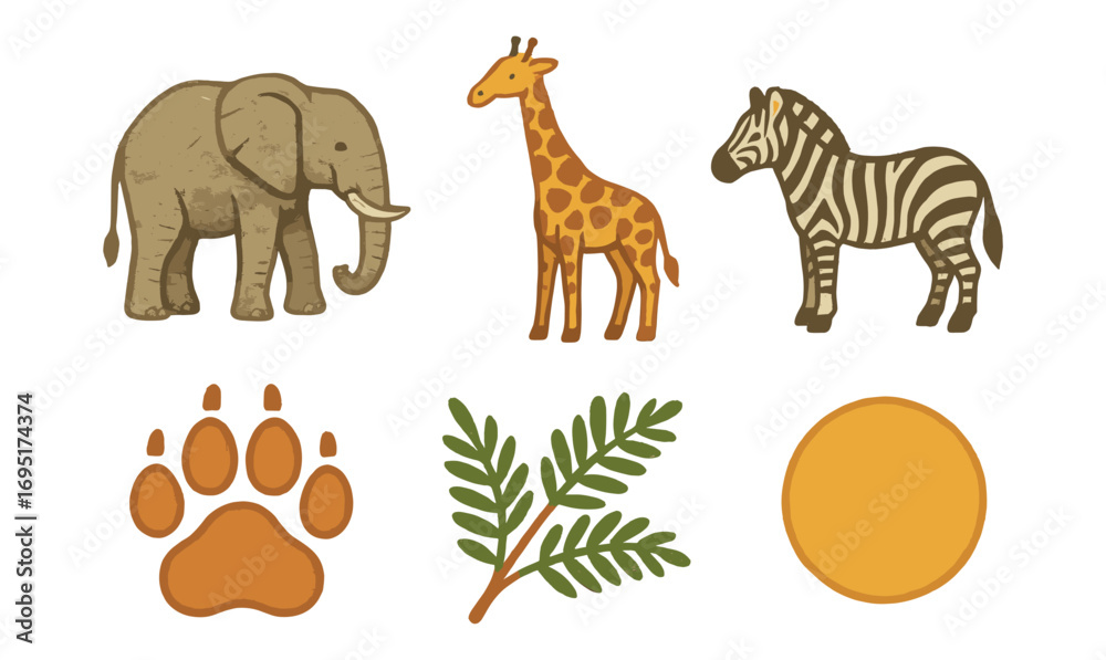 Fototapeta premium Colorful safari animal set with elephant, giraffe, and zebra in cartoon style