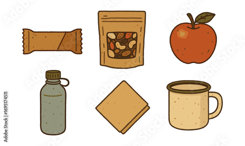 Hand-drawn snack essentials: rustic food and drink icons