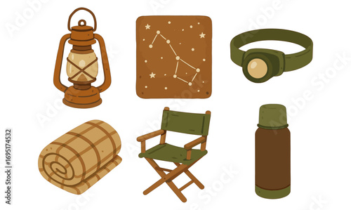 Rustic camping elements: lantern, blanket, and astrological map with vintage charm