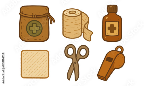 Essential first aid kit items in cartoon style for emergency preparedness