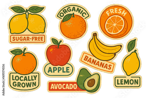 A collection of seasonal fruit-themed items featuring diverse phrases and words, along with colorful stickers, patches, badges, and pins depicting various fruits