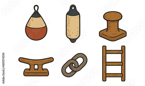 Nautical equipment set in vintage cartoon style featuring buoys, bollards, and more