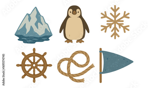 Nautical and polar elements with penguin: vintage texture icons