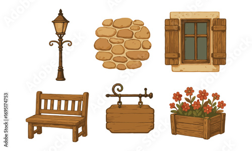 Rustic elements set featuring lamp, stone wall, window, bench, sign, and flower box