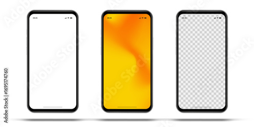 Realistic smartphone mockup. Mobile phone vector with isolated on white background. Device front view. 3D mobile phone with shadow. Realistic, high quality smart phone mockup for ui ux presentation.