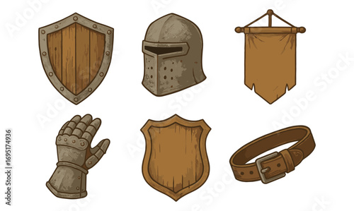 Medieval armor set with shields, helmet, gauntlet, banner, and belt in vintage style