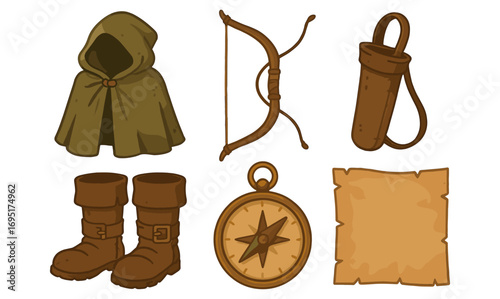 Medieval adventure gear collection: cloak, bow, quiver, boots, compass, map