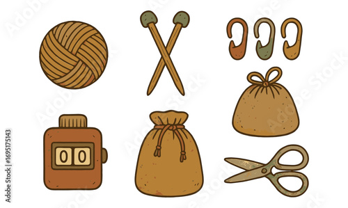 Crafting essentials: knitting tools with yarn, needles, and accessories in retro style