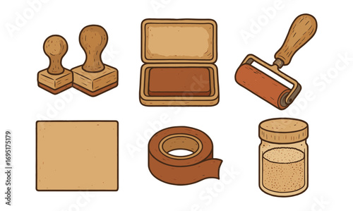 Vintage craft tools collection: ink stamps, roller, tape, and container in retro style