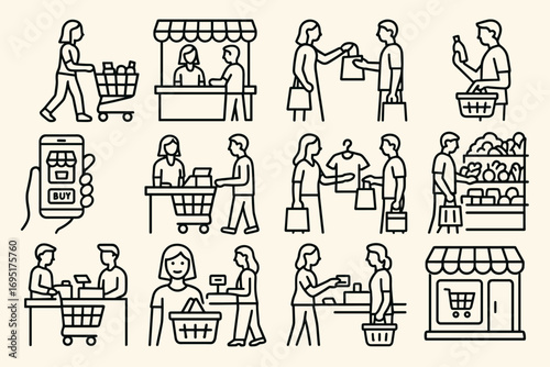 Shopping and Retail Icons – Online Store, Supermarket, Customer Purchase, E-commerce