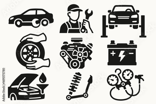 Car Repair and Maintenance Icons – Mechanic, Engine, Battery, Service Tools