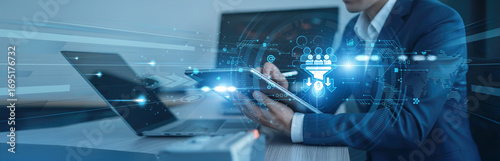 Fotografie Lead generation, sales strategy, Businessman using tab with analysis data of growth to boost global connection, customer acquisition, marketing automation, conversion optimization, digital outreach
