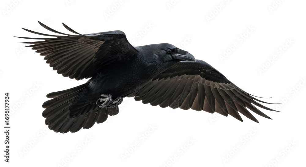 Fototapeta premium A solitary adult common raven, deep iridescent black, in focused, streamlined flight with wings extended, on a transparent background, ample copy space. Concept of intelligent grace