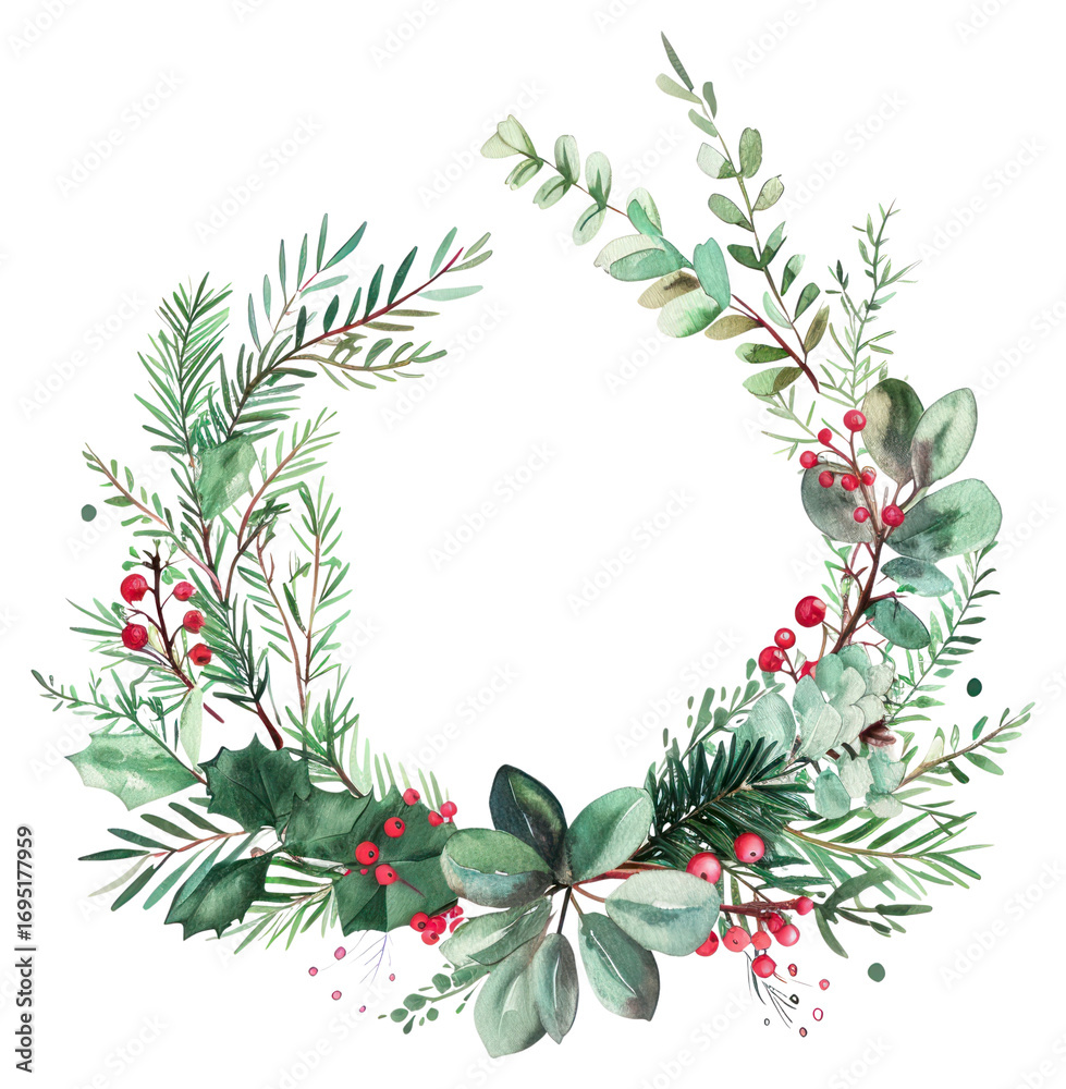 Fototapeta premium PNG Minimal christmas wreath illustration watercolor art.