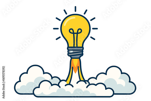 A startup idea featuring a light bulb soaring over clouds into space, depicted in vintage hues as a modern abstract business symbol, rendered in EPS10 vector format