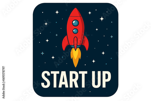 A startup icon featuring a red rocket soaring into a blue sky, illustrated with flat vectors