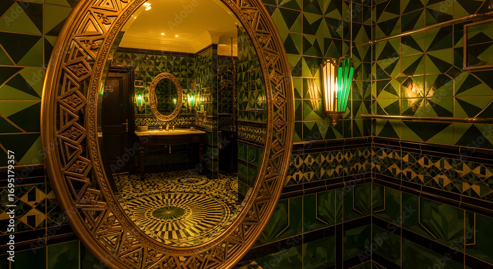 Fototapeta premium Ornate Mirror Reflects Green Tiled Bathroom Interior Design with Deco Elements