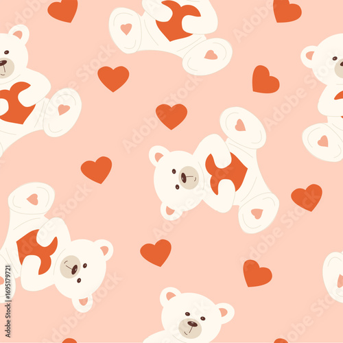 Seamless pattern with adorable white teddy bears holding hearts against a soft pink background, ideal for Valentine's Day greetings, children's rooms or fabric prints.