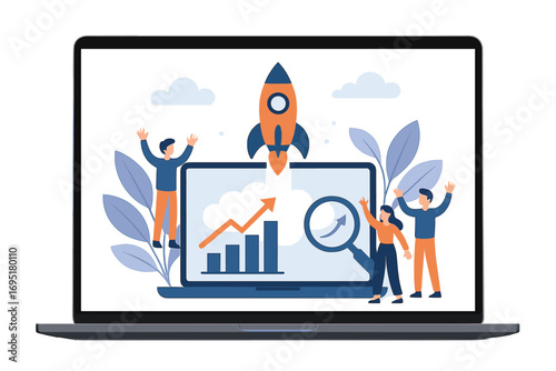 A startup uses a rocket launch metaphor to present a new business project on a laptop, developing products, marketing the company, and creating innovative, original vector symbols