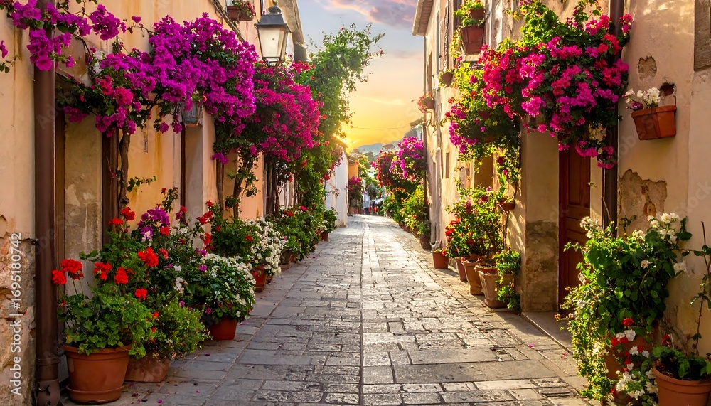 Obraz premium Picturesque Italian alleyway bursting with flowers at sunset