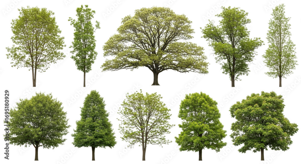 Fototapeta premium Collection of ten different green trees isolated on transparent background