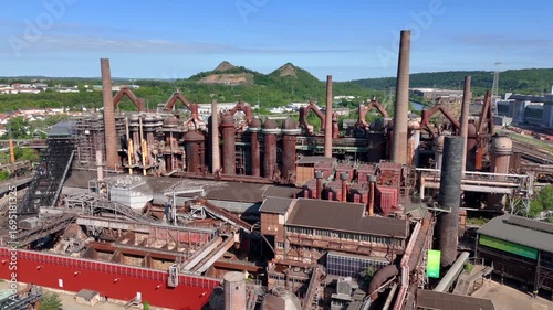 Volklingen Ironworks, Voelklinger Huette, UNESCO World Industrial Heritage Site, Voelklingen, Saarland, Germany. Aerial.