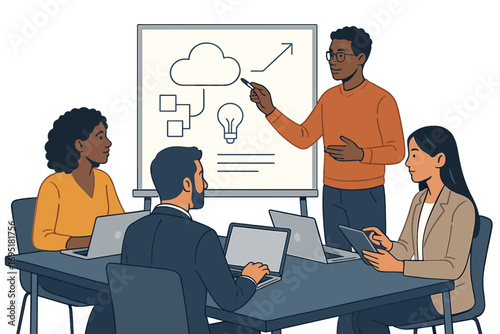 Illustration of business characters collaborating in a minimal co‑working office, depicting a startup team brainstorming and working together during quarantine