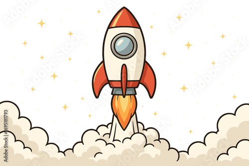 Vector flat design illustration depicting a startup concept with a flying rocket against a dark background, leaving copy space