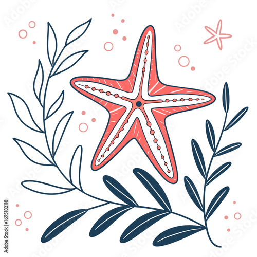 Starfish and seaweed in a cartoon style