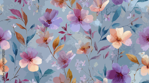 Beautiful floral pattern with watercolor flowers on a blue background for textile design
