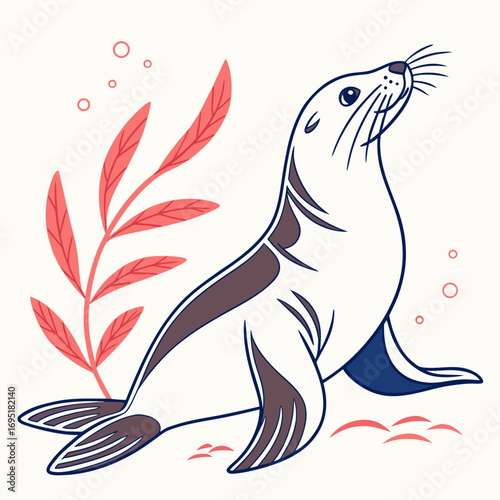 Illustration of a sea lion sitting near a plant