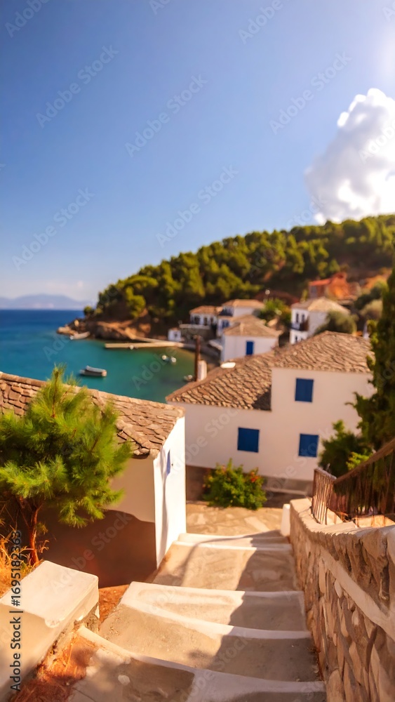 Obraz premium Mediterranean village, blurred view, steps leading down to harbor