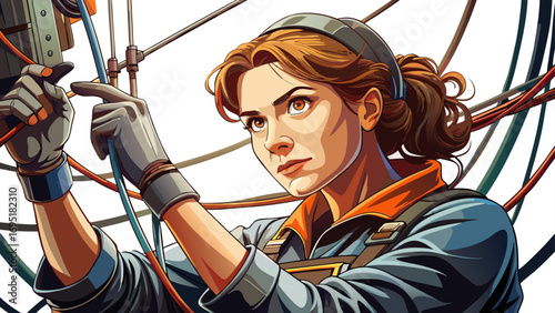 Close-up portrait of female electrician adjusting wire carefully. Isolated white background conveys focus, resilience, and modern expertise.