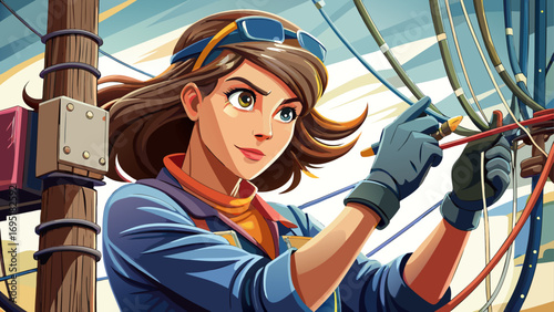 Close-up portrait of female electrician adjusting wire carefully. Isolated white background conveys focus, resilience, and modern expertise.