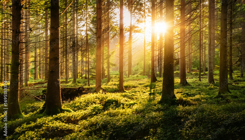 Fototapeta premium Lush Forest Scene Bathed In Golden Sunlight