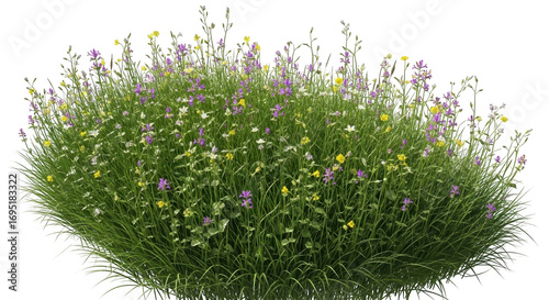 A lush green bush filled with small purple and yellow wildflowers, isolated on a transparent background