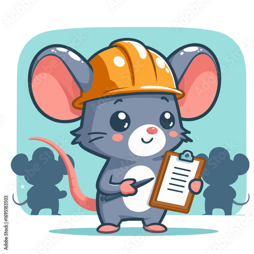 Cartoon mouse wearing a hard hat holding a clipboard in a playful style  