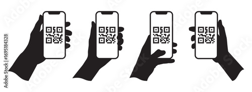 Collection of silhouette hand holding smartphone with QR code in screen isolated on a white background