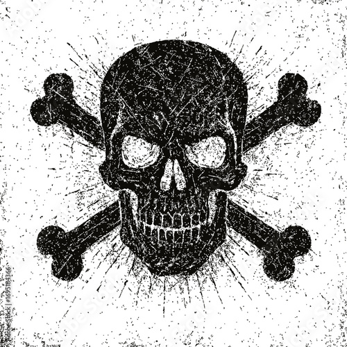 Distressed Grunge Skull and Crossbones Vector Illustration - A Gritty, Vintage Jolly Roger Motif with Textured Black Design, Radiating Burst Effect, Ideal for Edgy Apparel, Halloween, or Warning Signs
