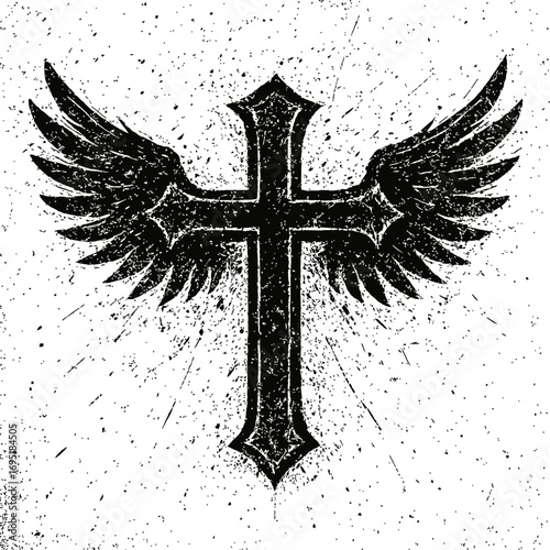 Grungy Black Cross with Majestic Angel Wings and Distressed Paint Splatters, a Powerful Symbol of Faith, Freedom, and Rebirth in a Bold, Dark, and Vintage Artistic Style. Ideal for Tattoo Designs, App