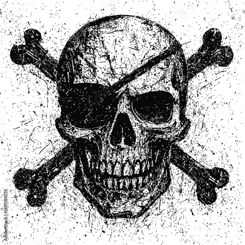 Highly detailed distressed grunge pirate skull with eyepatch and crossed bones vector illustration. Vintage hand-drawn Jolly Roger design for apparel, logos, Halloween, danger warnings, and adventure 