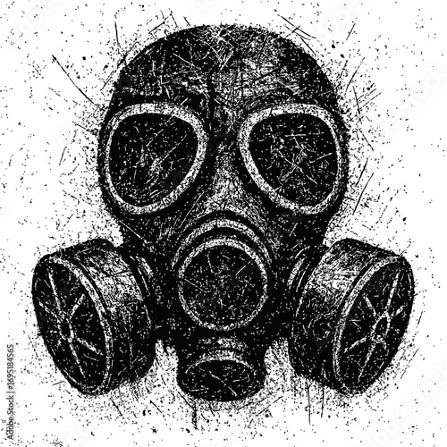 Distressed black and white gas mask illustration, symbolizing post-apocalyptic survival, nuclear fallout, chemical warfare, and dystopian fear. Gritty art of protection, danger, epidemic, urban decay.