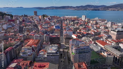 Aerial view of Vigo city center in Pontevedra, Galicia, Spain. Coastal city on the Ria de Vigo inlet, Capital Comarca.