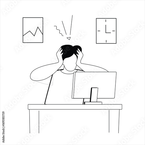 Office Stress Man Line Art Vector Illustration for Business Burnout Concept