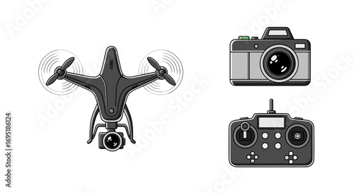 Illustration showing a drone with camera, a camera, and a controller on a white background view