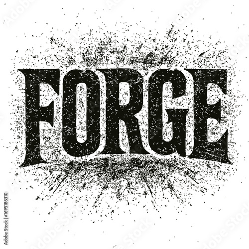 Distressed 'FORGE' Typography Design: A Powerful, Grunge-Style Wordmark with Textured Ink Splatters and Grungy Background. Perfect for Heavy Metal, Industrial Themes, Vintage Aesthetic, or Robust Bran