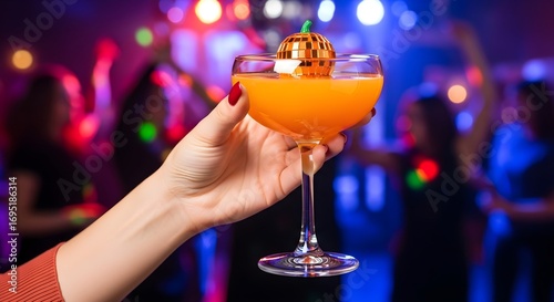 Hand holding bright orange cocktail in coupe glass with mini pumpkin disco garnish at lively club festive nightlife backdrop stylish banner for Halloween party menu promotion poster flyer
