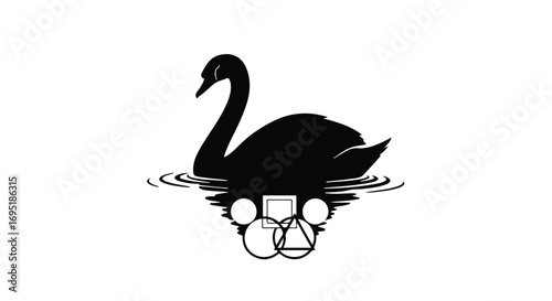 Elegant black swan silhouette on water with abstract geometric reflections
