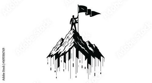 Triumphant person planting flag on mountain peak, symbolizing achievement and success against a backdrop of falling lines.