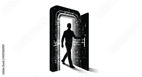 Silhouette of a person stepping through an illuminated digital doorway into the unknown.